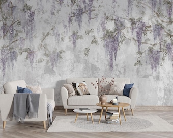 Wisteria Wallpaper Botanical Mural Grey Purple Floral Wall Paper Peel Stick Removable