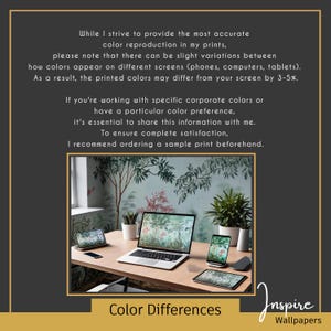 Puede incluir: Un port&aacute;til, una tableta y un tel&eacute;fono que muestran un fondo de pantalla con un patr&oacute;n floral verde y azul. El texto "Color Differences" se muestra debajo de los dispositivos. El texto "Inspire Wallpapers" se muestra en la esquina inferior derecha de la imagen.