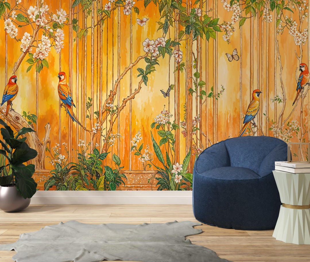 Tropical Birds Wallpaper Exotic Mural Orange Floral Jungle Wall Paper ...