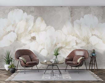 Soft Floral Wallpaper Beige Cream Mural Watercolor Flowers Elegant Peel Stick Removable Wall Paper