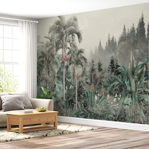 Tropical Rainforest Wallpaper, Misty Jungle Wall Art, Palm Tree Botanical Wall Mural, Lush Green Nature Wallpaper