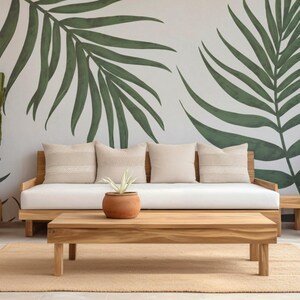 Tropical Palm Leaves Wallpaper, Green Botanical Mural, Jungle Wall Decor, Removable Peel Stick, Custom Wallpaper