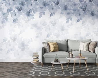 Floral Wallpaper Blue Watercolor Flower Mural Soft Botanical Peel Stick Removable Wall Paper