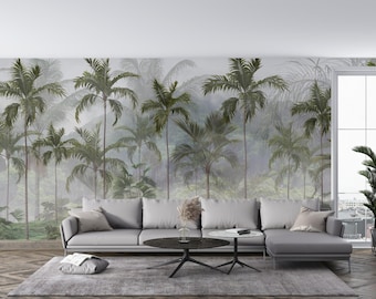 May include: A living room with a gray sectional sofa, a gray rug, and a coffee table. The wall behind the sofa features a mural of a tropical forest with palm trees. A large window and a potted plant are also visible.