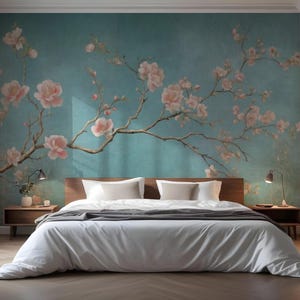 Chinoiserie Wallpaper, Asian Wall Art, Teal Wallpaper - Removable Peel Stick, Traditional Vinyl, Non Woven