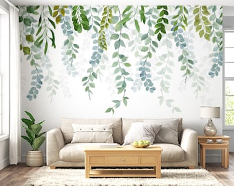 Botanical Wallpaper Green Hanging Mural Watercolor Leaves Wall Paper Eucalyptus Vine Peel Stick Removable