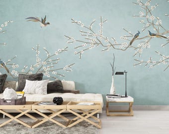 Chinoiserie Birds Wallpaper Blue Blossom Mural Floral Branch Peel Stick Removable Wall Paper