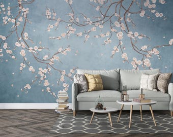 Blossom Wallpaper Blue Chinoiserie Mural Floral Wall Paper Peel Stick Cherry Removable