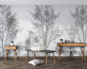 Mural minimalista de papel pintado gris con silueta de árbol, estilo escandinavo neutro, autoadhesivo y removible.