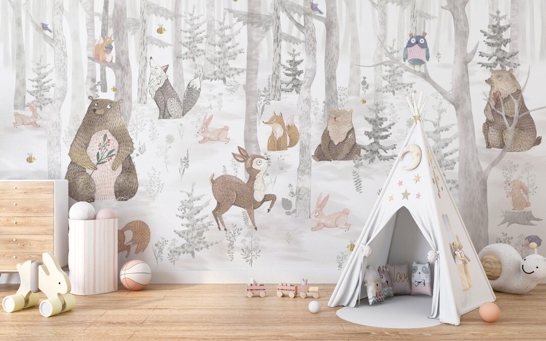 Kids Wallpaper Beige Forest Mural Animal Wall Paper Woodland Nursery ...