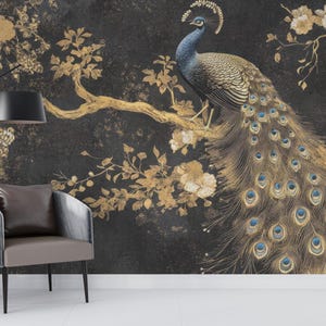 Wunderschöne Pfau-Tapete, luxuriöses Gold und dunkle Chinoiserie, Peel-and-Stick-Wandkunst für einzigartige Geschenkinspiration