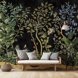 Chinoiserie schwarze Tapete, handgemaltes botanisches Wandbild, Vintage Blumenwandkunst, exotische orientalische Gartenszene