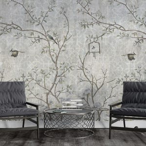 Carta da parati vintage Chinoiserie, murale magico grigio, alberi della foresta incantata, carta da parati rimovibile stacca e attacca