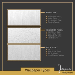 Puede incluir: Un gr&aacute;fico que muestra tres tipos diferentes de papel tapiz: No tejido, No tejido/Vinilo y Despegar y pegar. Cada tipo se describe con sus caracter&iacute;sticas, como el material del dorso, el acabado, el m&eacute;todo de aplicaci&oacute;n y la textura.