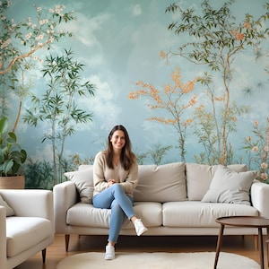 Chinoiserie Botanical Wallpaper Mural, Elegant Vintage Floral Wall Art, Blue and Green Tree Flower Design