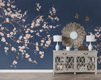 Chinoiserie Wallpaper Blue Blossom Mural Floral Wall Paper Peel Stick Removable Cherry Branch