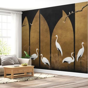 Carta da parati Crane, elegante design di airone bianco, murale Art Déco, carta da parati staccabile, carta da parati personalizzata