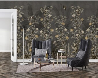 Dark Chinoiserie Wallpaper Moody Floral Mural Vintage Asian Garden Peel Stick Removable Wallpaper