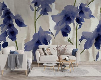 Modern Wallpaper Blue Floral Mural Watercolor Flower Wall Paper Botanical Peel Stick Removable