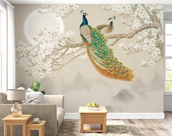Chinoiserie Wallpaper Beige Peacock Mural Asian Bird Blossom Peel Stick Removable Wall Paper