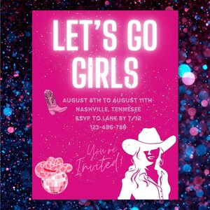 Let&#39;s Go Girls Nashville Bachelorette Party Invitation and Itinerary editable CANVA Template, Nash Bash Weekend Invite, Last Rodeo