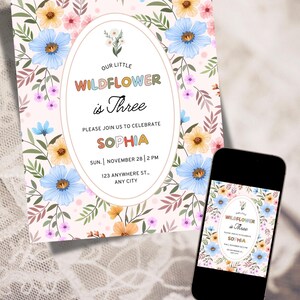 Blush Pink Wildflower Birthday Party Invitation, Meadow Floral Birthday Invite, Cottage Floral, Editable Template, Edit, Download in Canva