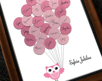 Unique Baby Shower Guest Book Print - Owl with Balloons for Girl