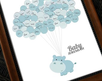 Baby Shower Guestbook - Hippo with Balloons BLUE