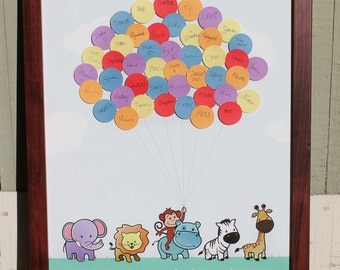 Baby Shower Guestbook -Zoo Animals Parade Lion Hippo Elephant Zebra Giraffe Monkey