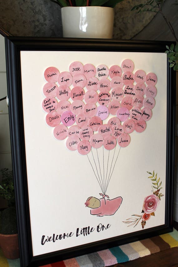 Baby Girl Shower Sign In, Nursery Wall ArtDecor Balloons Pink Watercolor Vintage Baby Shower Poster Signature Guest Book Alternative