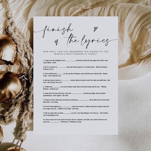 Brautdusche Trivia, Beenden Sie die Texte Brautdusche Party Spiel, Brautdusche Aktivität druckbar, Brautdusche Spiele, Hochzeit Trivia Spiel