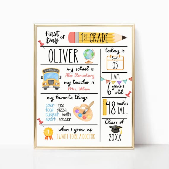 Kindergarten Back To School Sign First Day of School Personalized Printable Milestone Keepsake Sign Student Template Classroom Printable