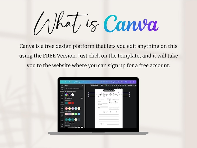 May include: A screenshot of a laptop screen showing the Canva design platform. The screen displays a template for a baby predictions game with the text "baby predictions" in a handwritten font. The template is on a black background with white text.
