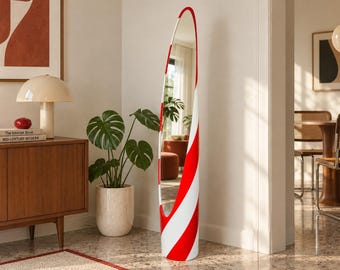 Candy Lipstick Floor Mirror, Red RAL 3020 & White Statement Mirror, Space Age Italian Design