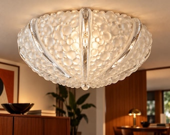 Pair of Vintage Italian Glass Ceiling Lights, Ice Glass Lamps, 1970s 1980s Space Age Wall or Ceiling Lights, E27