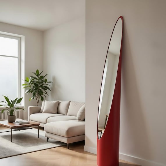 Specchio ad Unghia Design Anni 70 - Stile Space Age - Specchio da Terra Modernariato - Nuova Produzione Artigianale - Rosso