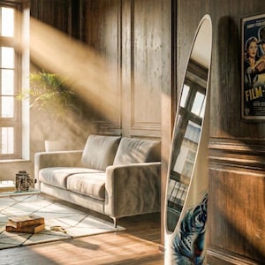 Könnte beinhalten: Ein hoher, ovaler Standspiegel mit dekorativer Basis mit blau-weißem Design. Der Spiegel reflektiert einen Raum mit Sofa, Fenster und Holzvertäfelung. Der Raum ist von Sonnenlicht durchflutet.