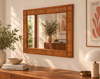 Vintage Bamboo Rattan Wall Mirror, Italian Woven Cane Mirror, 1970s Boho Rectangular Mirror, Mid Century Natural Wood Decor