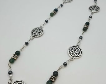 Green and Silver Celtic Knotwork Beaded Necklace