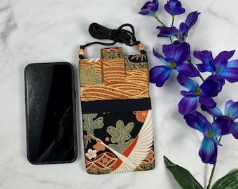 Cross body vintage Kimono silk Cell Phone Purse for iPhone 7 Plus 10, 11 or similar sized Smart phones