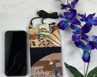 Cross body vintage Kimono silk Cell Phone Purse for iPhone 7 Plus 10, 11 or similar sized Smart phones