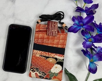 Cross body vintage Kimono silk Cell Phone Purse for iPhone 7 Plus 10, 11 or similar sized Smart phones