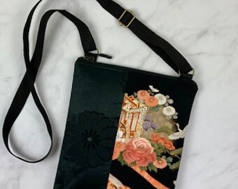 Cross body purse iPad size made from vintage Kimono silk and obi with adjustable strap