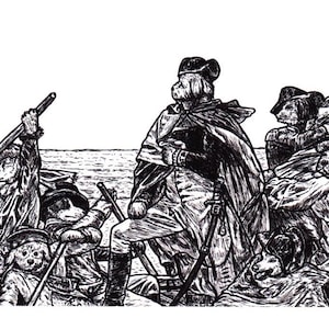 Cani che attraversano il Delaware - Stampa artistica con disegno a inchiostro, parodia della Rivoluzione americana, 7x5 pollici