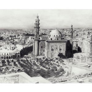 Il Cairo di ieri - Stampa artistica con disegno a matita di una moschea egiziana 7x5 pollici