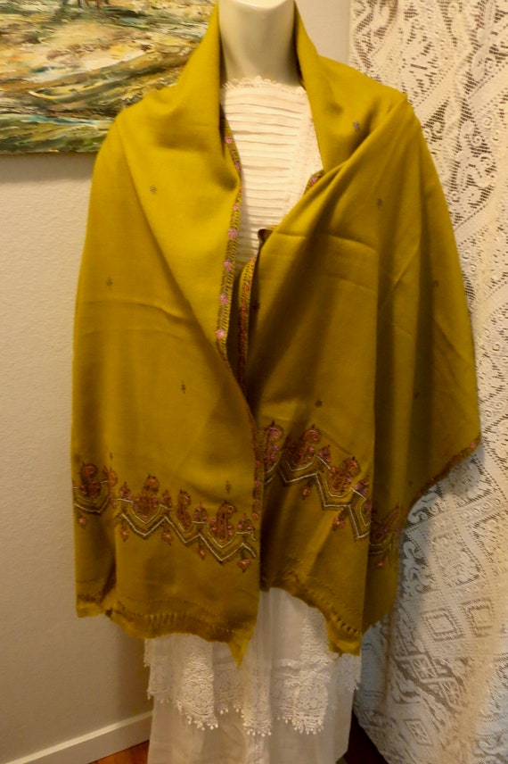 Vintage Wool Kerman Embroidered Shawl Rich Saffro… - image 1