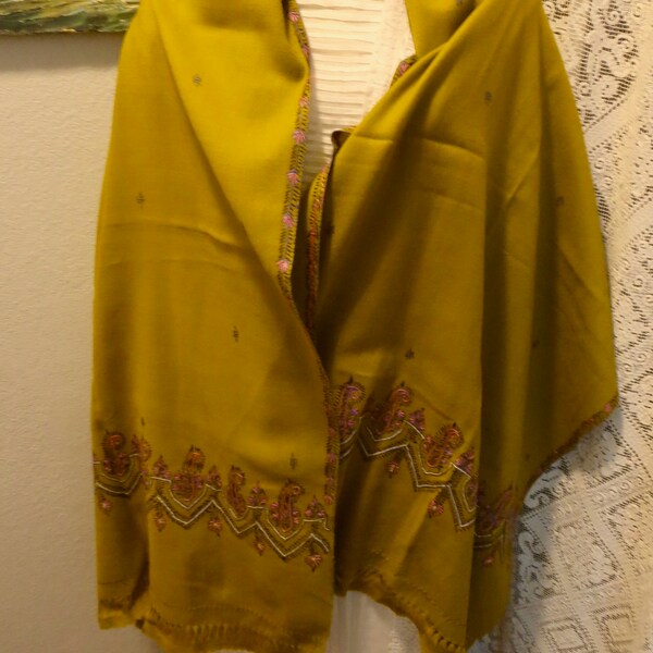 Vintage Wool Kerman Embroidered Shawl Rich Saffron Shade Paisley Stitches