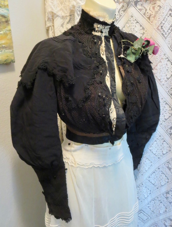 Antique 1890s Victorian High Necked Black Silk & … - image 1