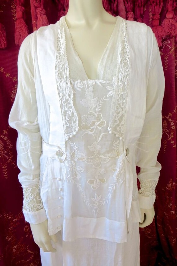 Antique Edwardian PRE-WW1 White Linen & Lace Dress
