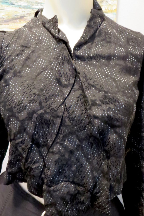 Victorian Black Silk Leaf Embossed Bodice Dot Pat… - image 6